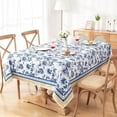 thumbnail image 2 of Blue and Yellow Tablecloth, Vintage Blue Floral Table Cloth, Rustic Pastoral Stripe Bordered Tablecloths for Indoor and Outdoor, Spring, Picnic, Dinning Table(Rectangle, 60" x 120"), 2 of 6
