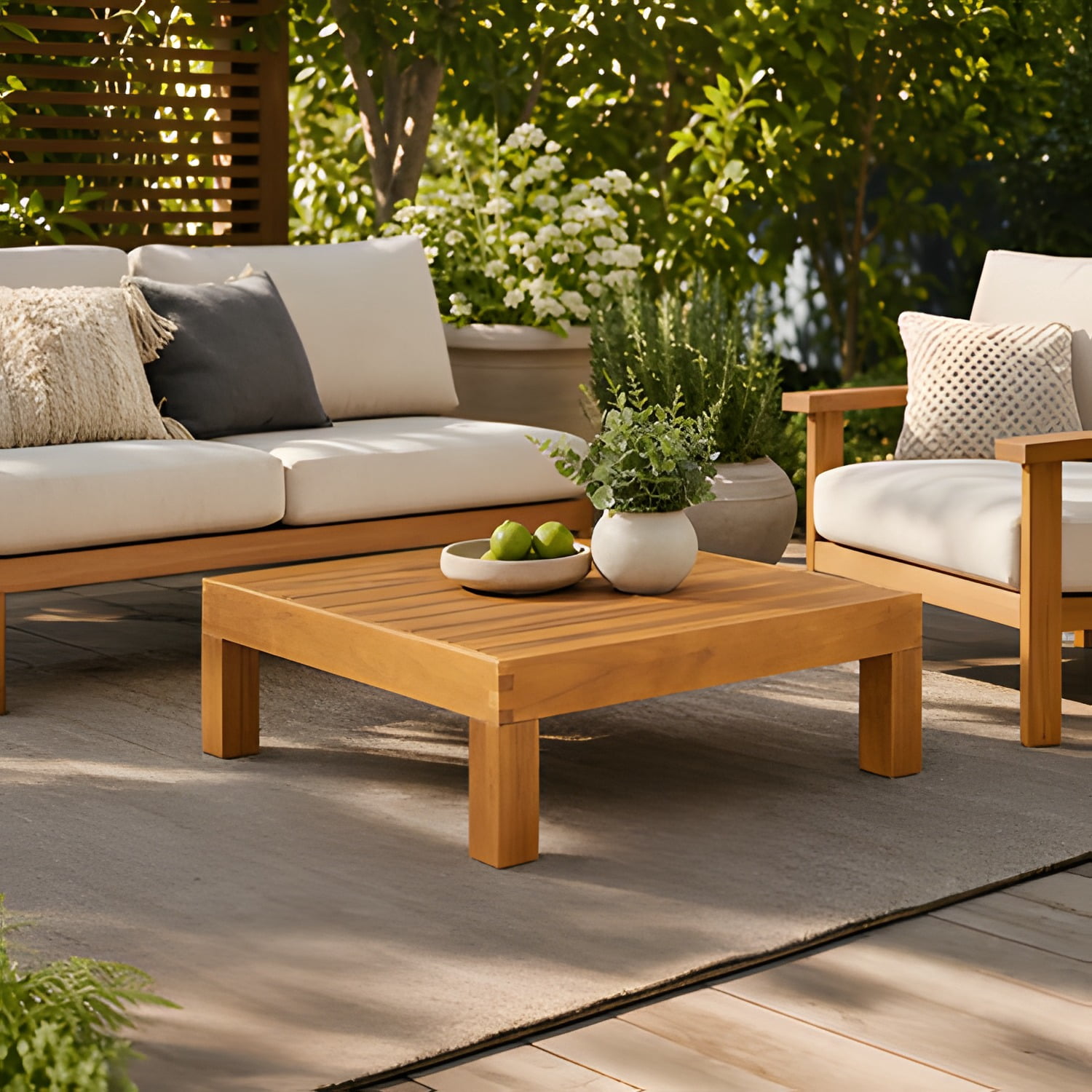 Outdoor Acacia Wood Coffee Table with Slat Panel Design, Rustic Square Table, Weather-Resistant Patio Furniture for Garden Balcony Lounge