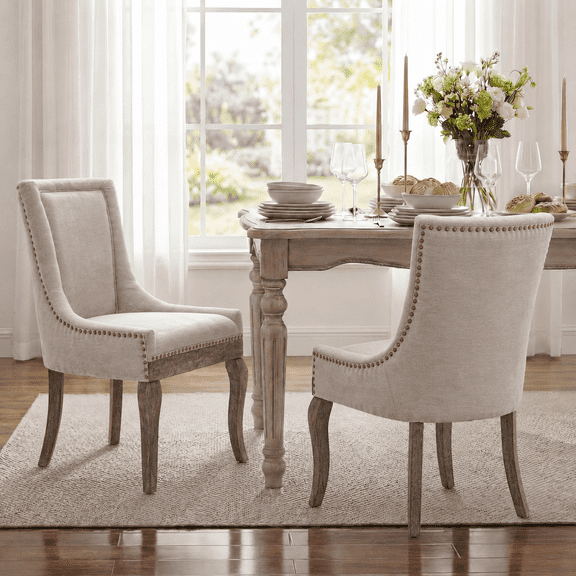 Upholstered Dining Chairs Set of 2, LEGAHOME Beige Farmhouse Dining Side Chairs with Nailhead Trim Back, Wooden Kitchen Chairs for Dining Room, Beige