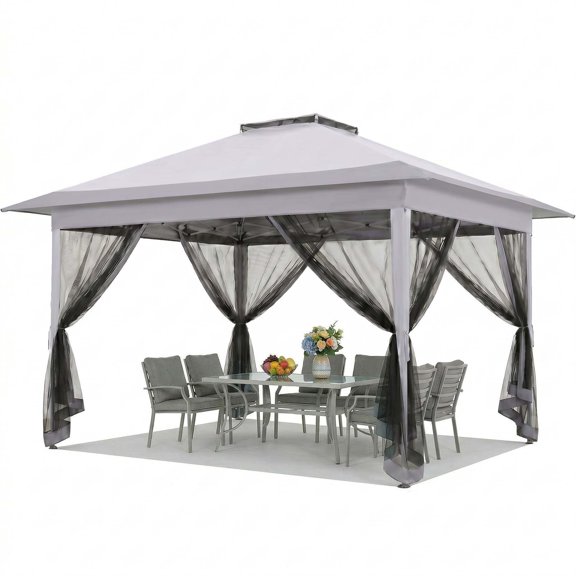 HOTEEL 12' x 12' Outdoor Pop-Up Gazebo Canopy with Mosquito Netting, 2-Tiered Vented Top, 3 Adjustable Heights for Backyard, Garden, Lawn, Light Grey