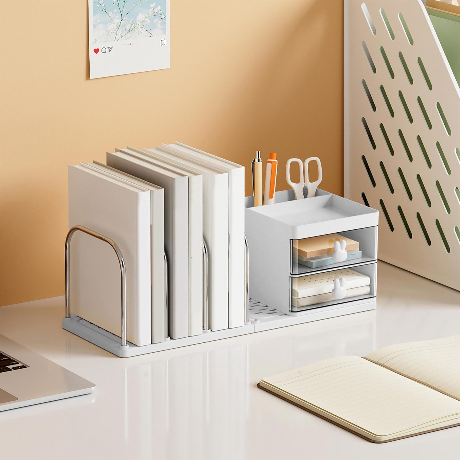 Desk Organizers, Office Organization with Accessories and Vertical File Holder, Desktop Book Shelf, for Office Supplies, Desk Accessories, for Study Room, Dorm (White)