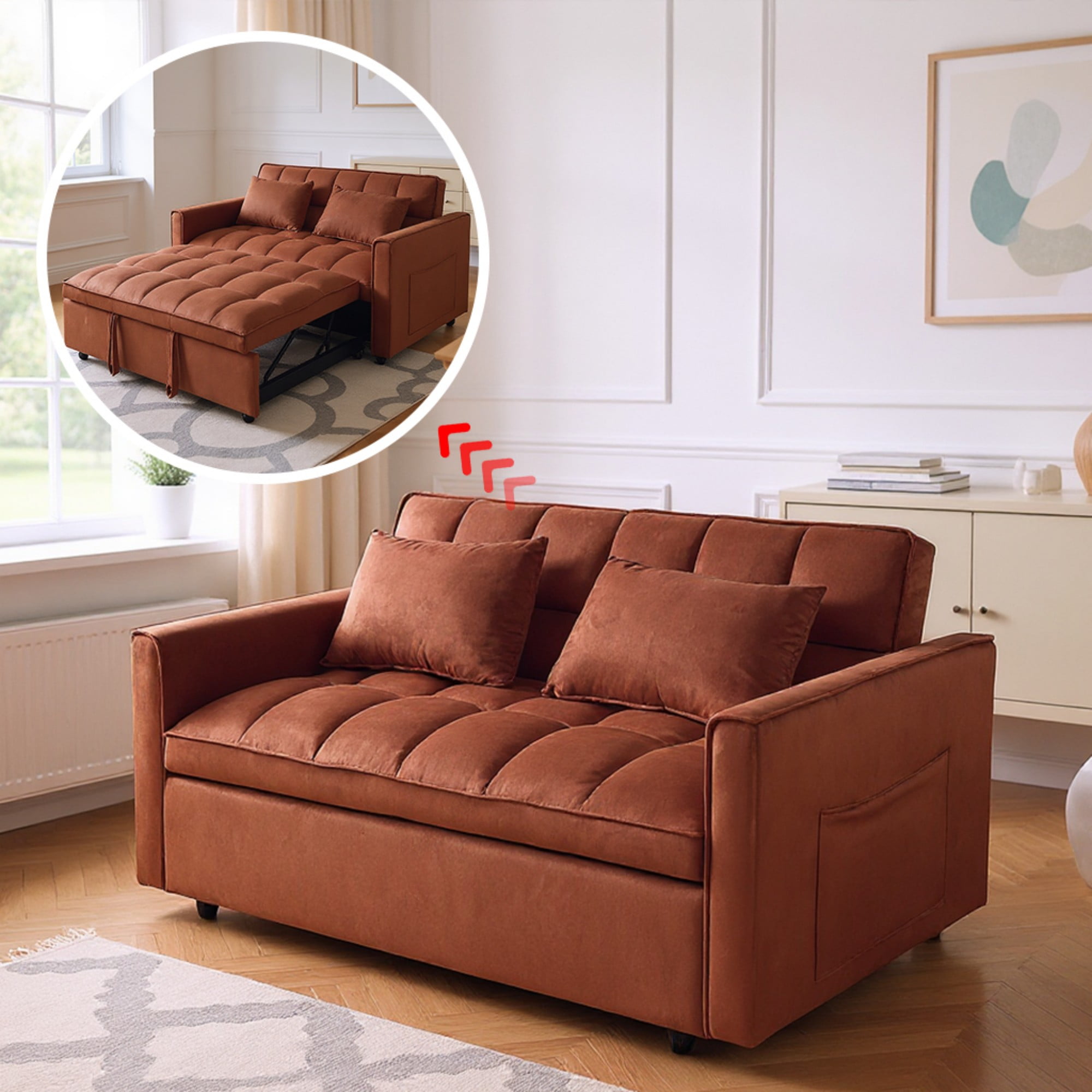Gewnee 51.1 Inch Convertible Sofa Bed, Velvet Loveseat Sofa with Foldable Sofa Bed, Sleeper Sofa for Living Room or Office, Futon Sofa with Adjustable Backrest.Caramel Color