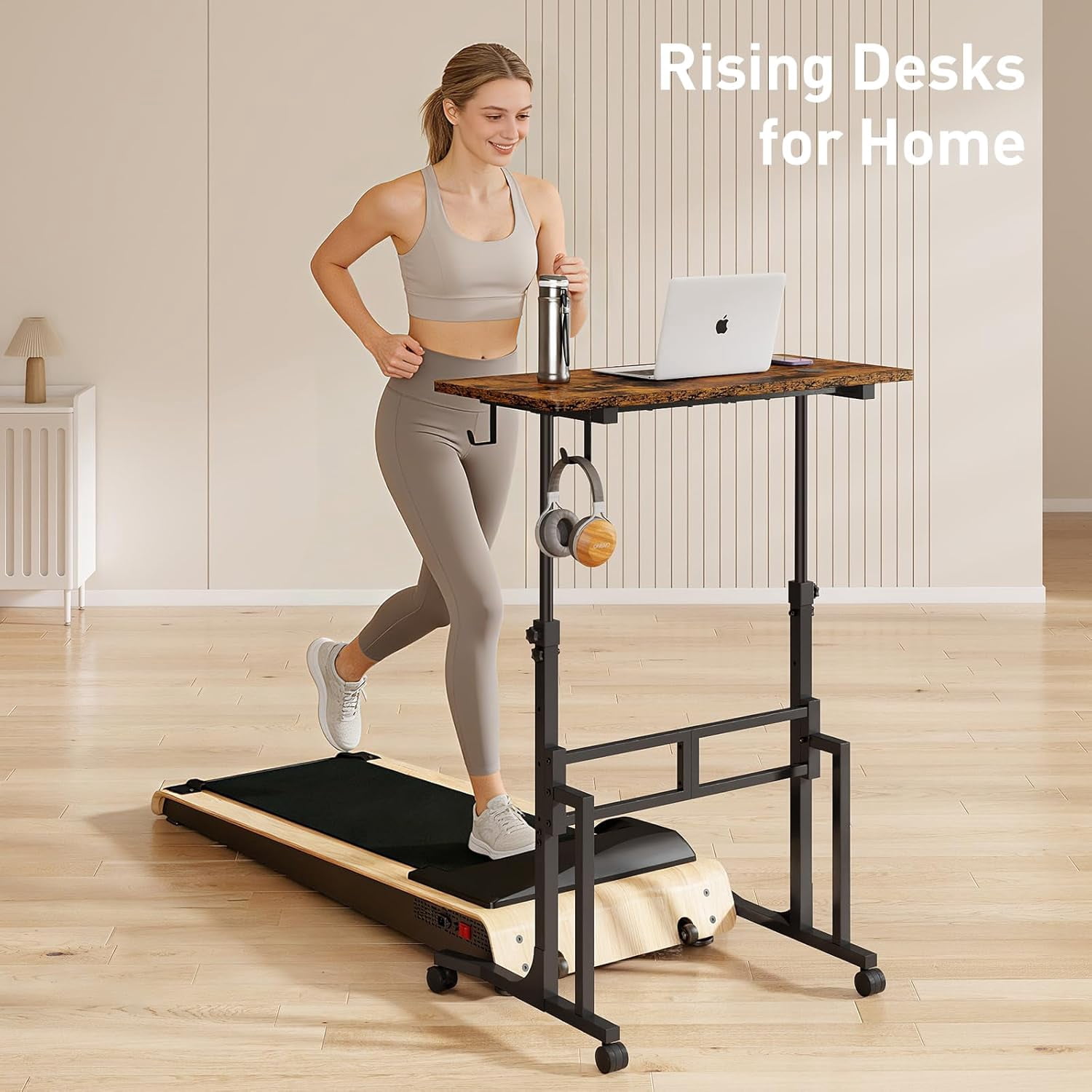 Standing Desk with Wheels Adjustable Treadmill Desk Rolling Bike Trainer Desk for Walking Pad Laptop Phone Standing Brown Ergonomic Home Office Workout Station