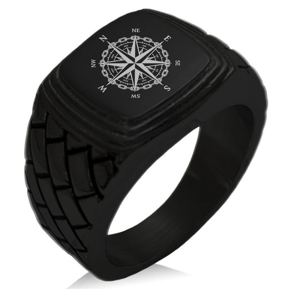 Stainless Steel Nautical Chaim Compass Geometric Pattern Step-Down Biker Style Polished Ring