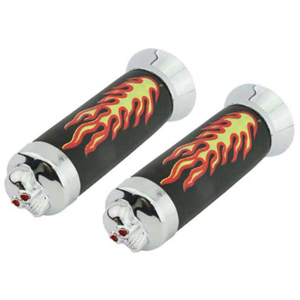 Grips W/Flames Black/Chrome Skull. Bike grips, bicycle grips, lowrider