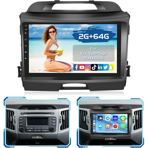 2 64G Radio for Kia Sportage 2010-2016 CarPlay Car Stereo Android 15 9'' Touch Screen Android Auto, AHD Backup Camera, Bluetooth, GPS