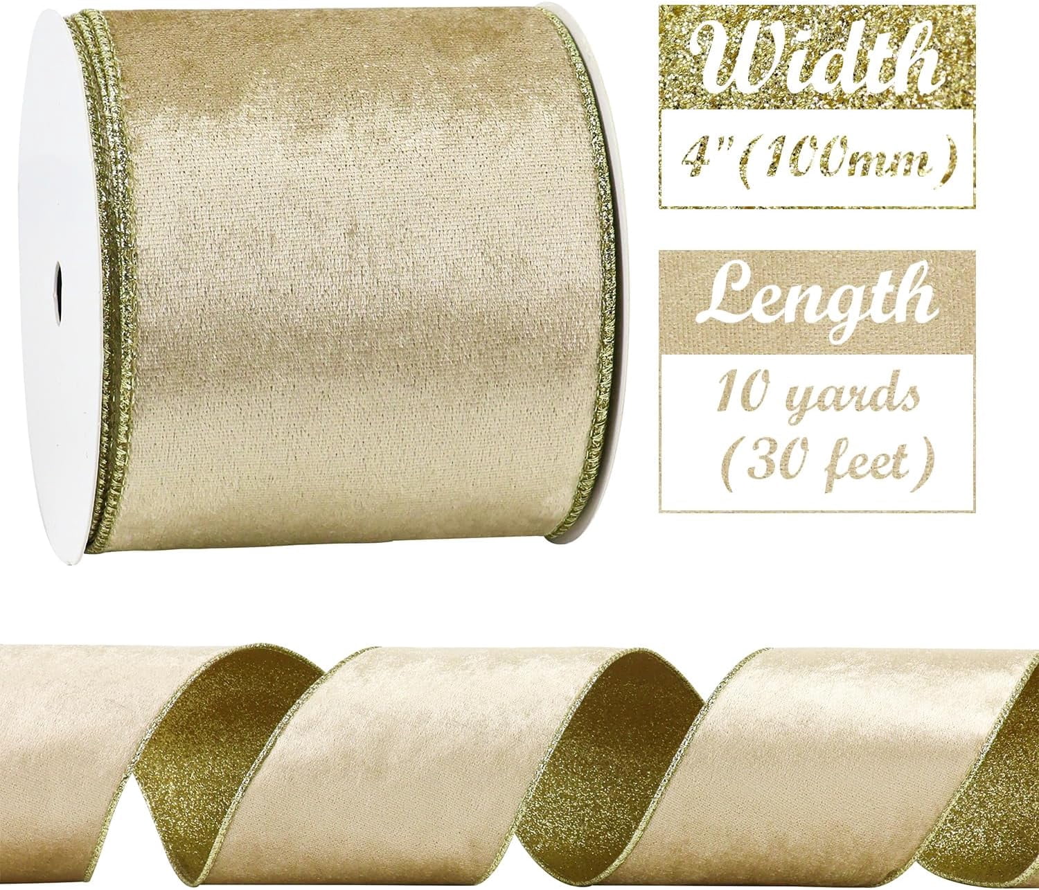 Champagne Velvet Wired Ribbon 4 inch Christmas Ribbon Double-Sided Glitter Gold Ribbons for Trees, Wreaths, Tree Top Bows, Garlands, Staircases, Crafts-10 Yards