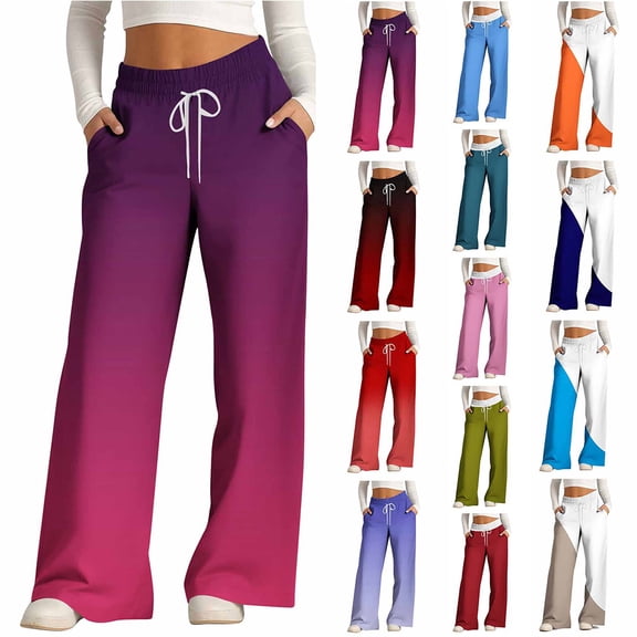 Otvok Womens Elastic High Waisted Pants Casual Wide Leg Long Lounge Pants Trousers with Pocket