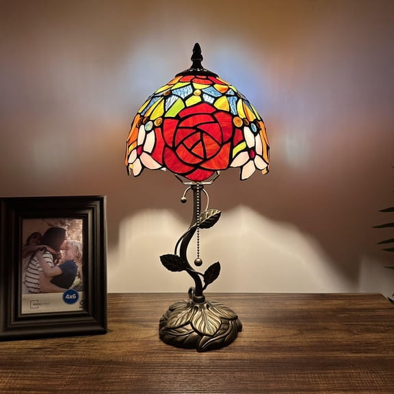 Tiffany Table Lamp Red Orange Stained Glass Rose Flowers LED Bulb Included for Living Room Bedroom Bedside 8"W*8"D*16"H