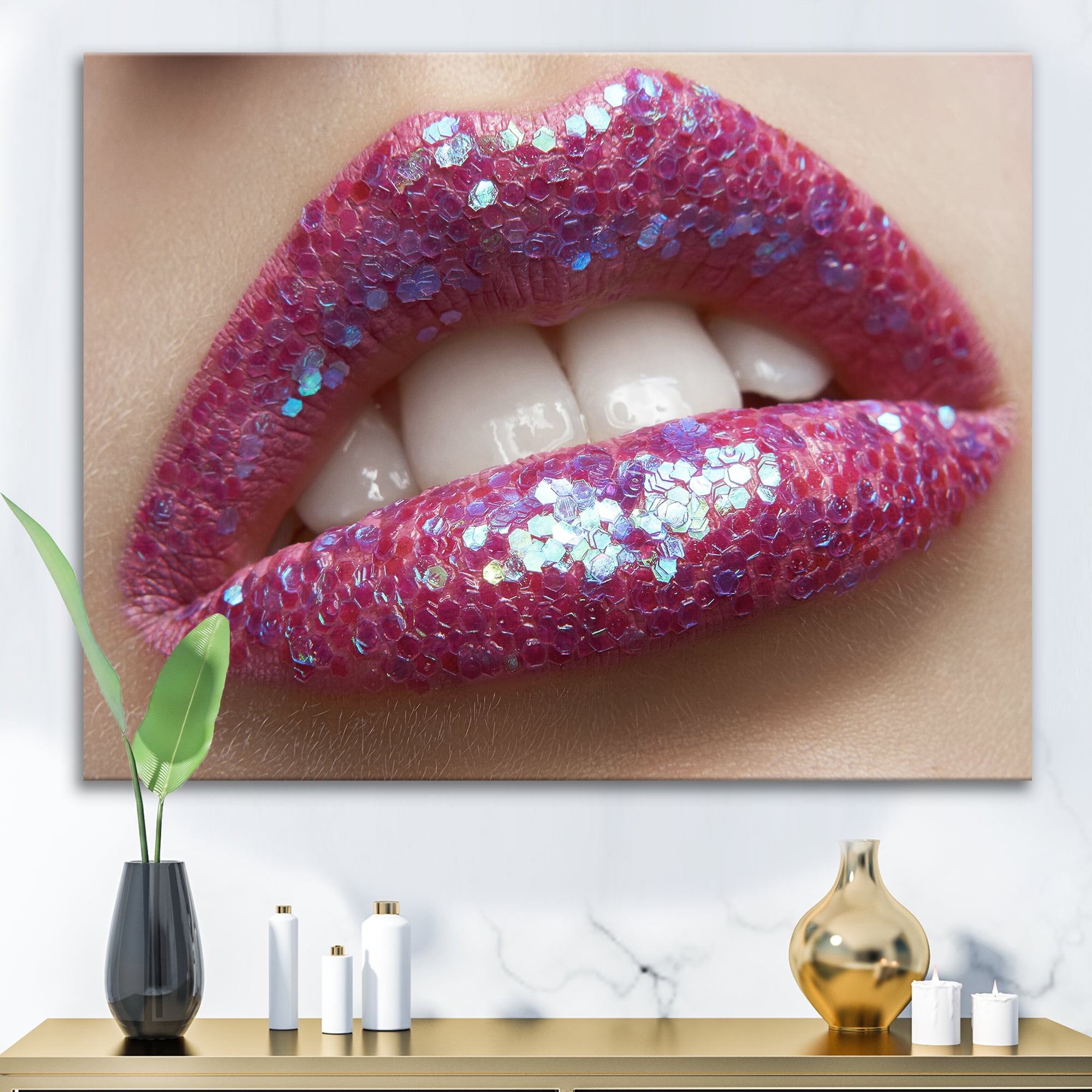 Designart ' Girl Lips Pink Lipstick and Sequins ' Modern Canvas Wall Art Print