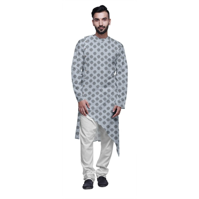 Atasi Kurta Long d'Été Imprimé de Designer avec Ensemble de Pyjama Blanc pour Hommes