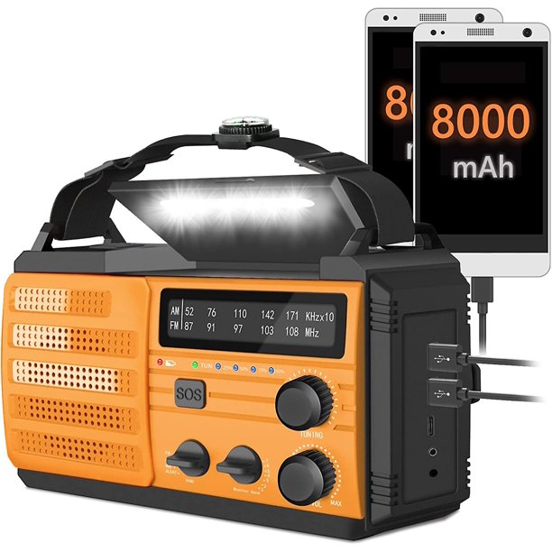 Aleko-8000mAH Radio meteorológica de emergencia, Radio de emergencia con manivela solar, AM/FM/NOAA Alert Weather Radio Power Bank, con alarma SOS, linterna, lámpara de lectura, carga tipo C. Alerta de NOAA de radio meteorológica naranja ACTIVE Biensenido a ACTIVE