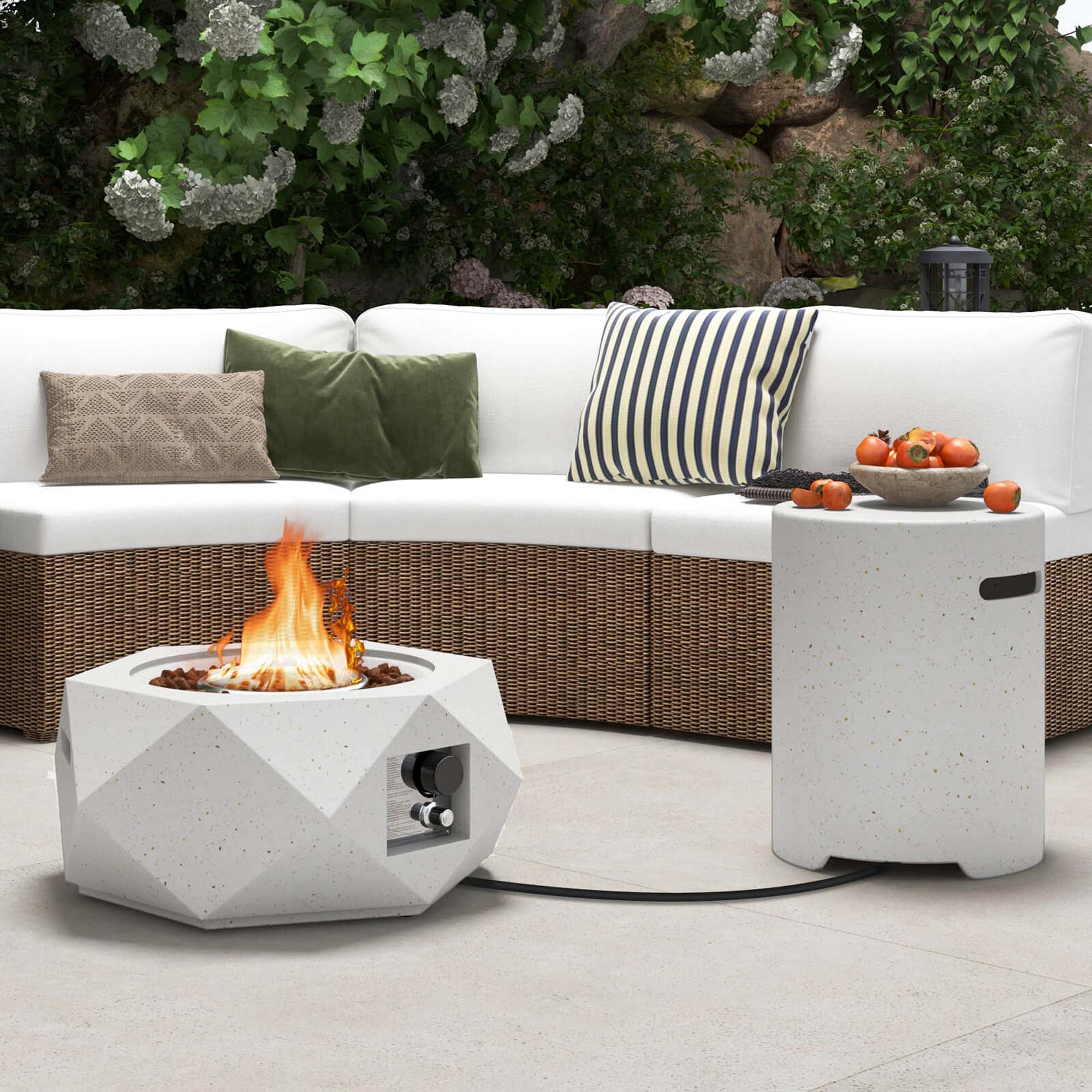 Costway 28" Hexagon Terrazzo Propane Gas Fire Pit Table Set with Hideaway Tank Holder
