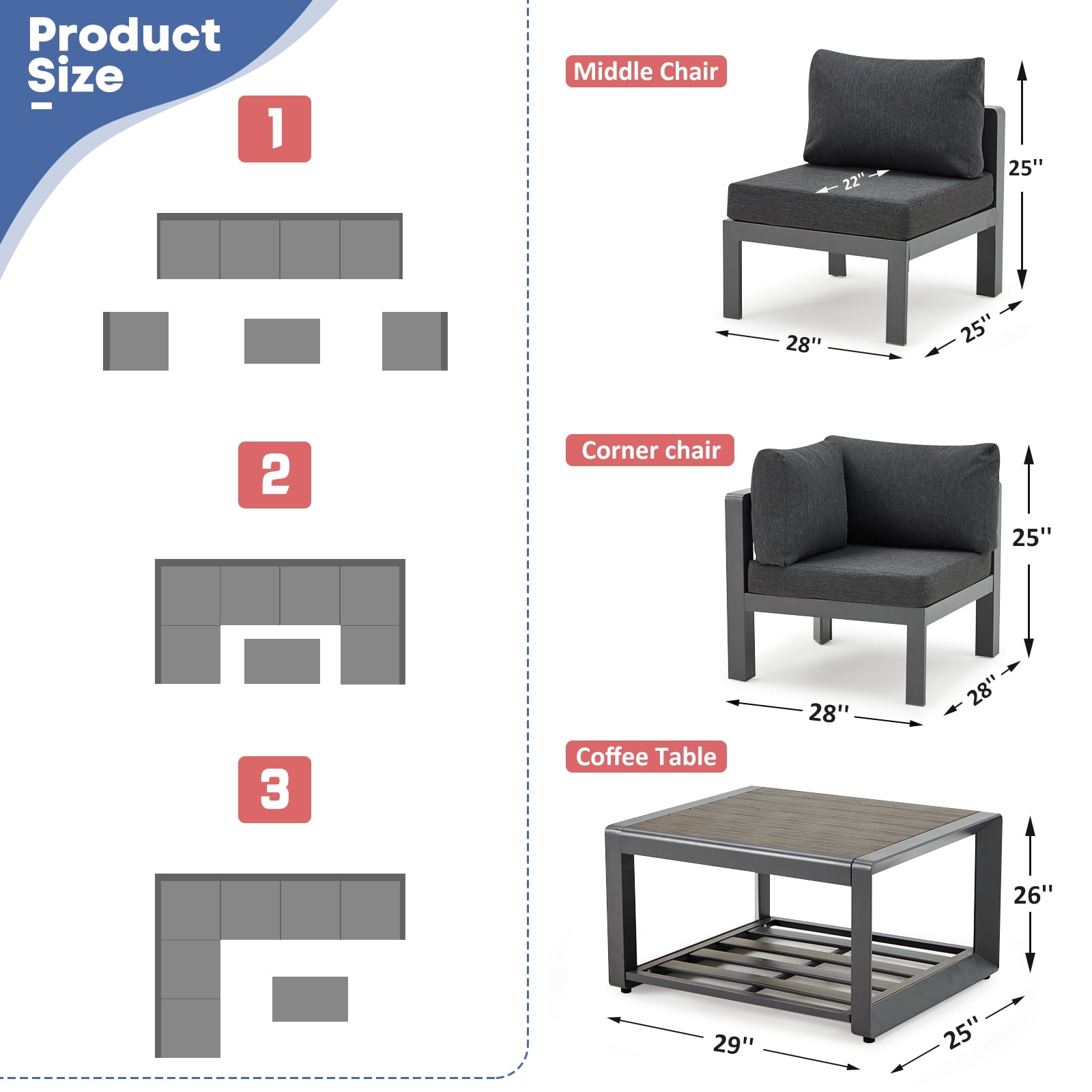 Suvivityse 7-Pcs Aluminum Patio Furniture Set Adjustable Corner Sofa with coffee table Outdoor Luxury Conversation Sofa Set
