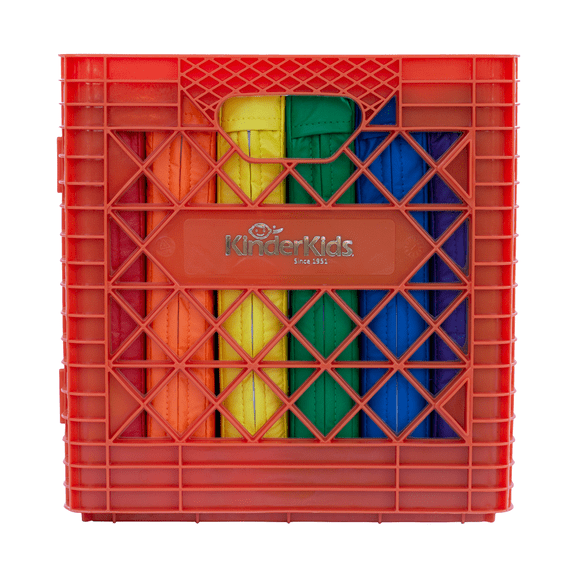 KinderMat, Kindercrate, Orange, 6 Pack of 13.5" Kindercushions & Sturdy Storage Container, 2" Thick Squares Story Time Cushions, Alternative Seating, Yellow Blue Green Red Purple Orange