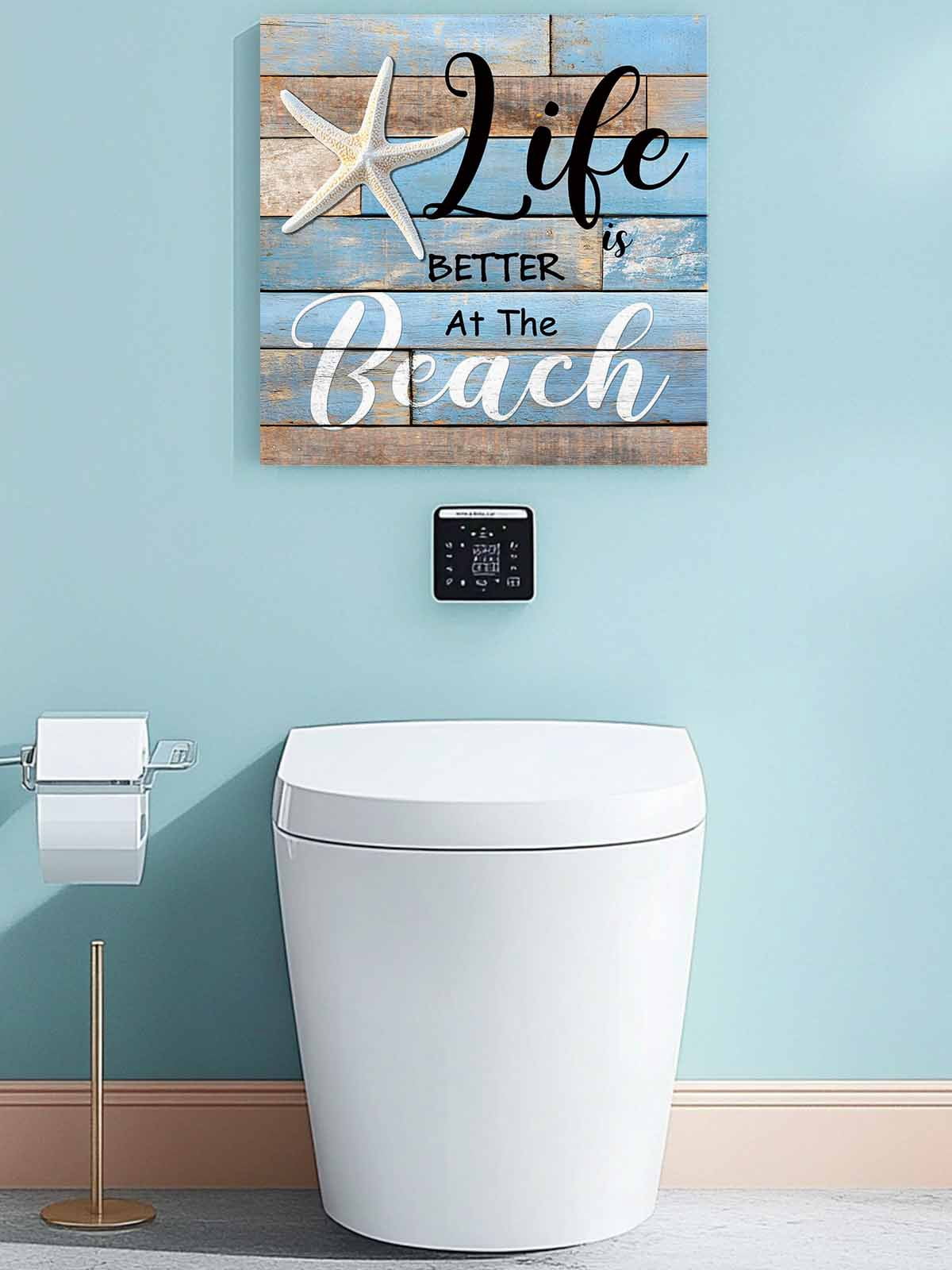 Canvas Print Wall Art Life Is Better at The Beach Summer Starfish Blue Wood Grain Framed Canvas Art Wall Decor Pictures Painting Morden Artwork for Living Room Bedroom, Ready to Hang, 12"x12"