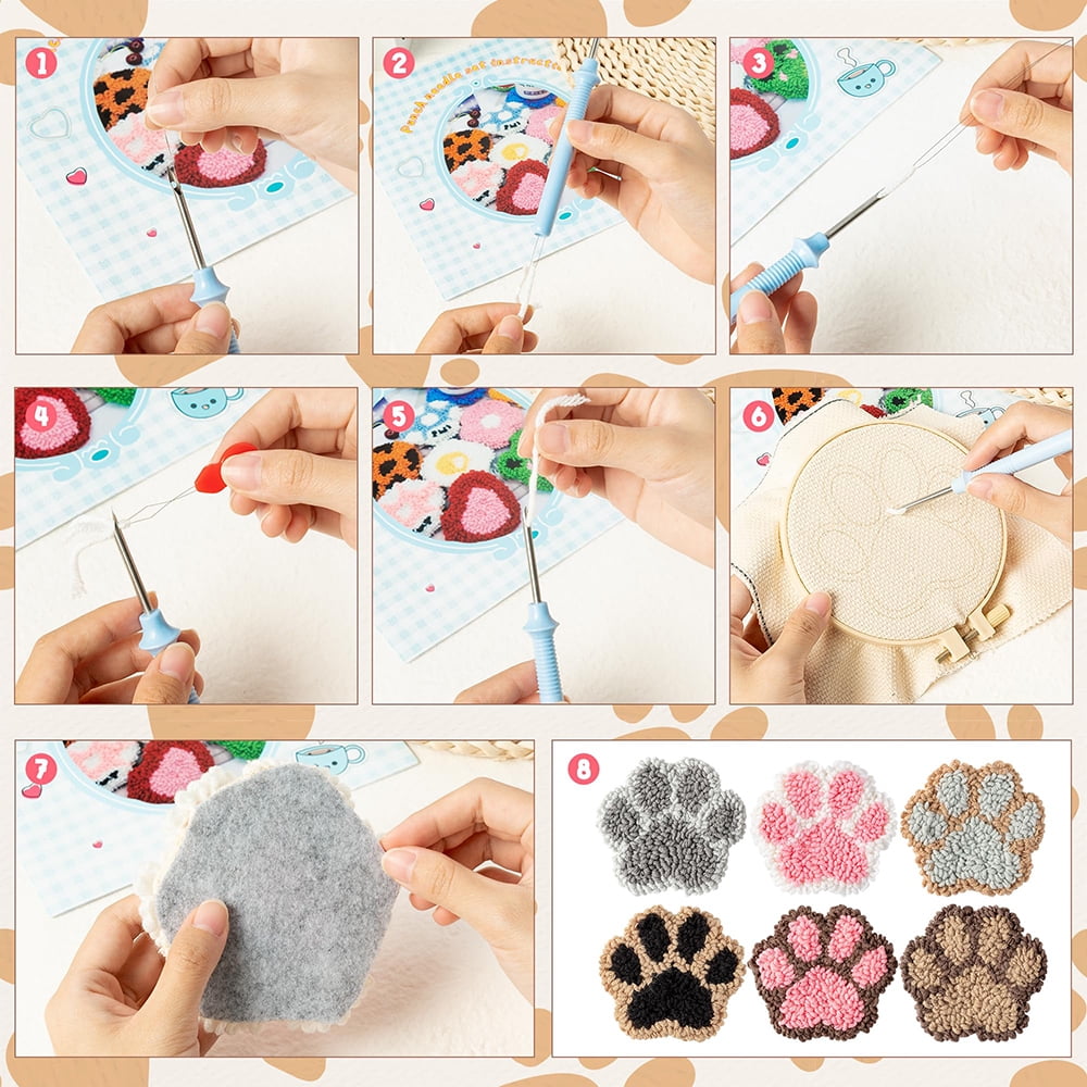 Belanttega Cat Paw Pattern Craft Punch Needle Kit Handmade Coaster Kits for DIY Art Craft Beginners Felt Yarns Embroidery Hoop with Instructions Ideal Gift for Desktop Decoration And Heat Insulation