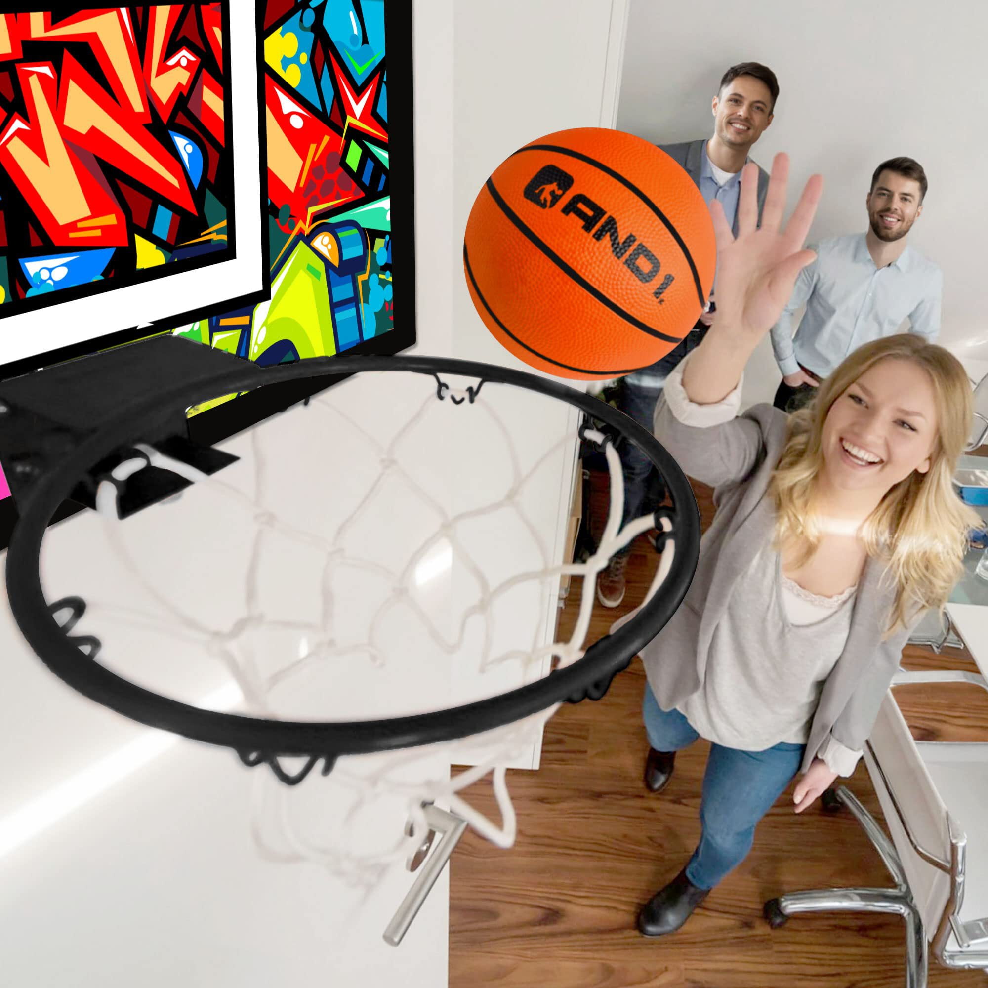 AND1 Over the Door Mini Basketball Hoop Set, 18"x12" Shatterproof Backboard, 1 Mini Basketball & Hand Pump, No Tools Indoor Use