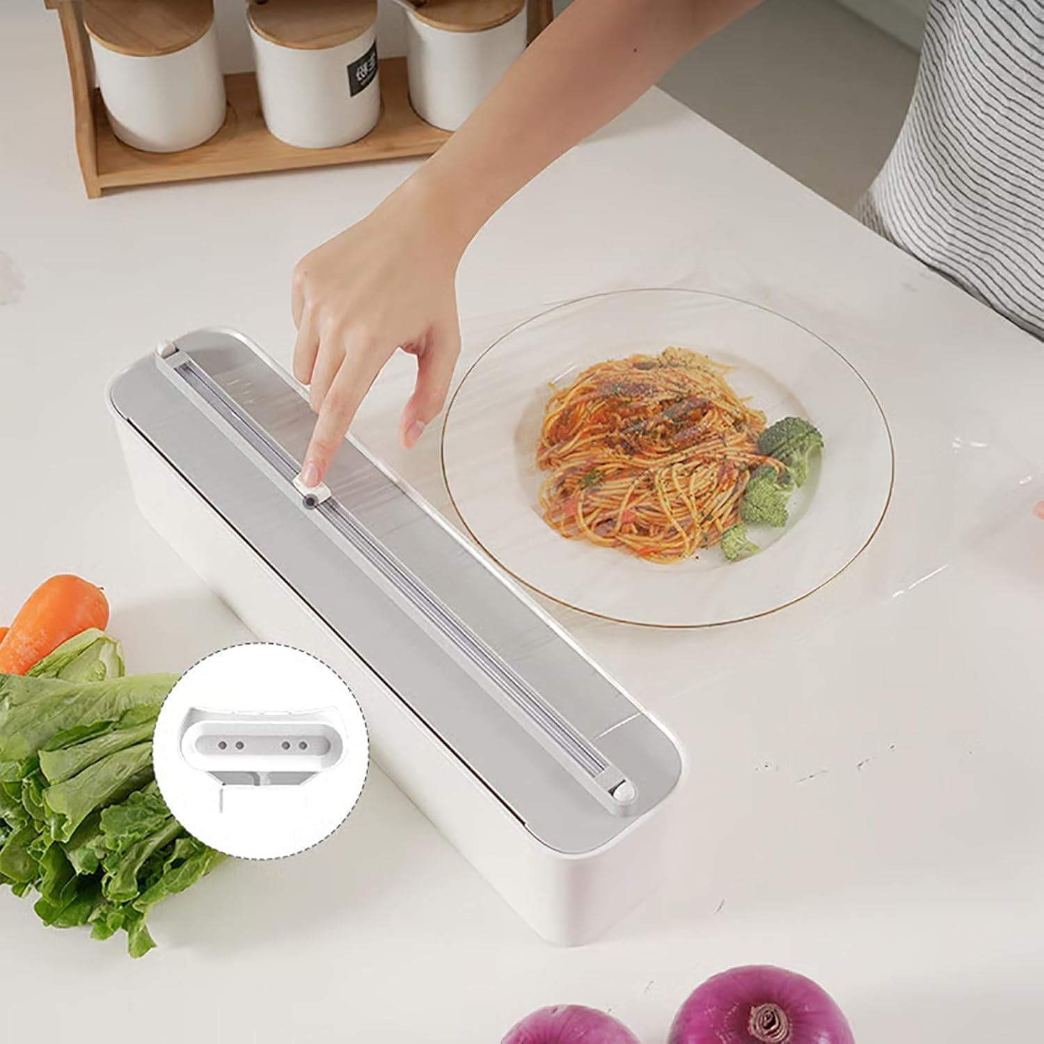 Refillable Magnetic Plastic Wrap Dispenser with Cutter – Sturdy Tin Aluminum Foil & Cling Film Dispenser, Includes 4m Plastic wrap(Gray‑White)-dh
