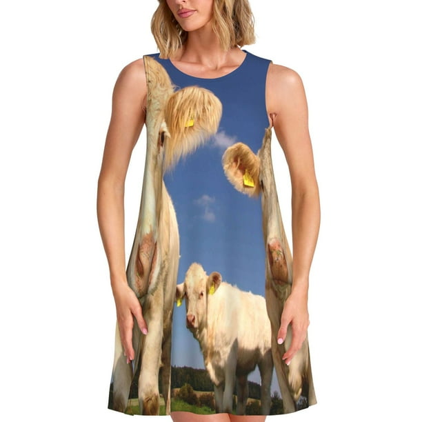 Fotbe Cows Cattles Vestido de Verano sin Mangas para Mujer – Vestido Midi Línea A, Estilo Camiseta Floral, Vestido Playero Casual y Fluido