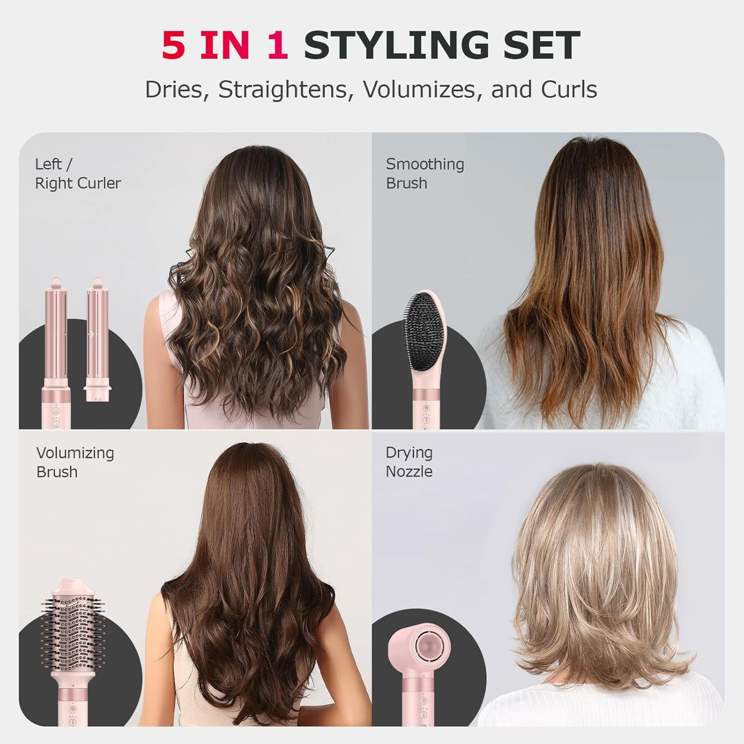 5-in-1 High-Speed Hot Air Styler with Diffuser for Curly Hair - Professional Frizz-Free Hair Dryer Brush for Fast Drying, Curling & Volumizing, Includes Travel Bag