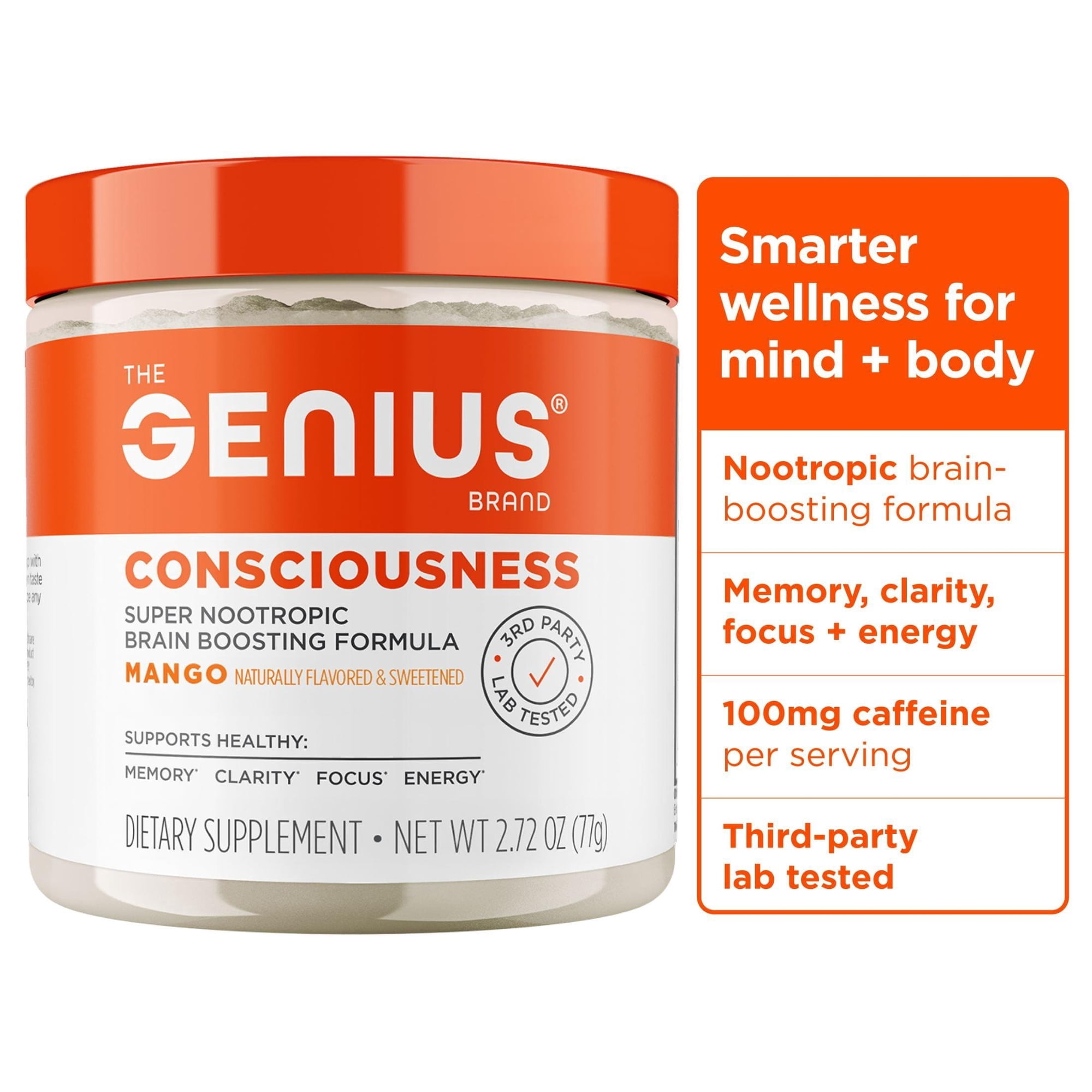 Genius Consciousness, Super Nootropic Brain Supplement Powder, Mango - Boost Focus, Cognitive Function, Concentration & Memory Booster - Alpha GPC & Lions Mane Mushroom for Neuro Energy & IQ