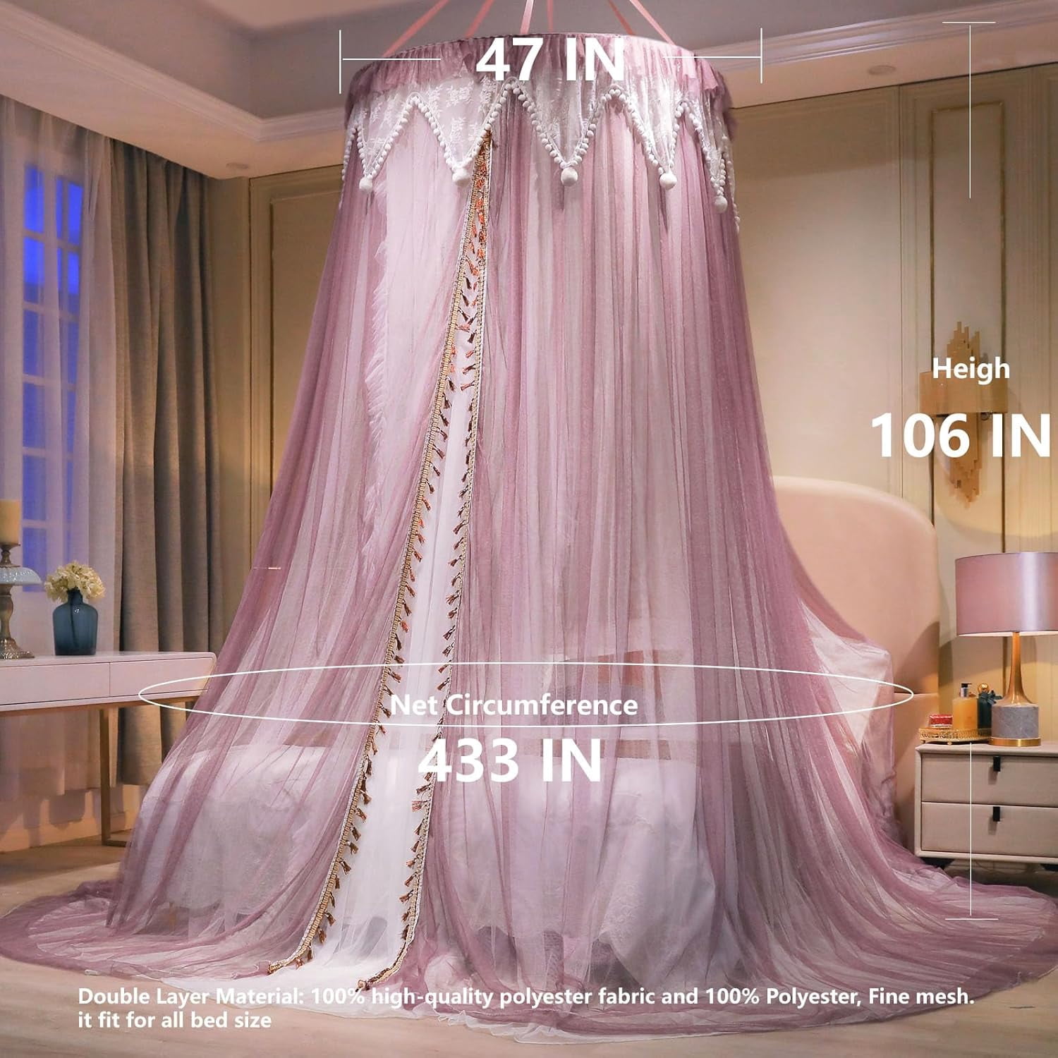 Girls and Adults Canopy Bed, Elegant Double-Layer Bed Curtain, Children's Dream Round Lace Mosquito Net, Princess Canopy Net - Fits Twin, Full, Queen, and King Beds (White/Red Bean)