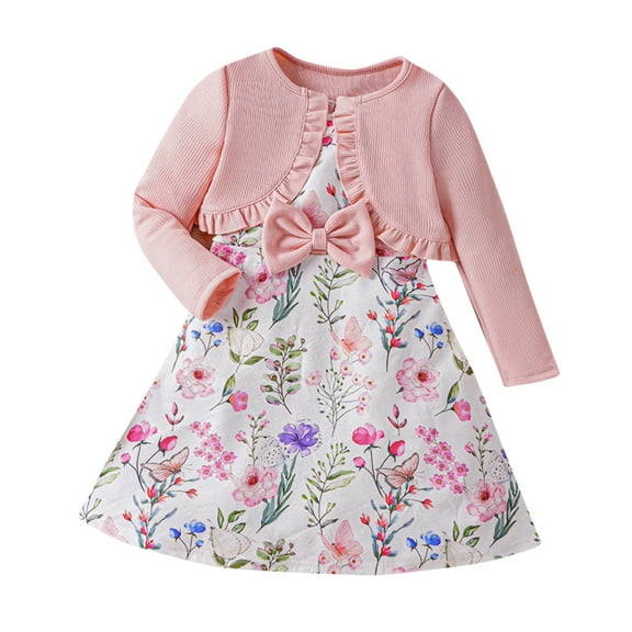 Zpanxa Girls Sweater Dress Girls' 2 Piece Pink Cardigan Floral Dress Set Bow Long Sleeve Casual Flower Girl Holiday Outfit