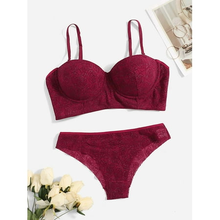 

Burgundy Sexy Women s Plus Size Floral Print Velvet Underwire Lingerie Set 105D(46D) Y22003D