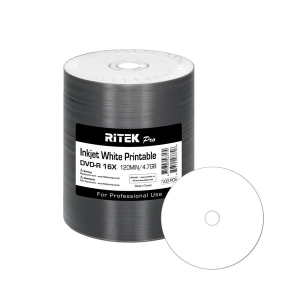 100 Pack Ritek Pro (Professional Grade) DVD-R 16X 4.7GB AZO Dye (MID MXL RG04) White Inkjet Hub Printable Blank Media Recordable Disc