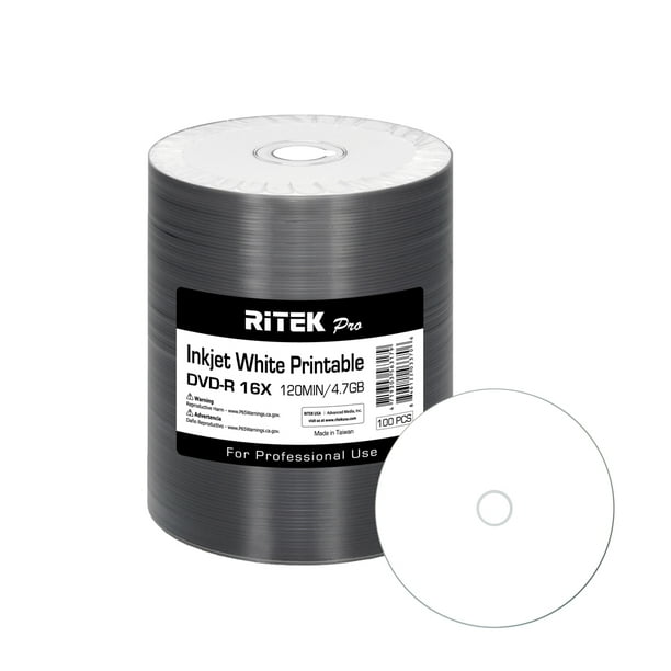 100 Pack Ritek Pro Professional Grade Dvd R 16x 4 7gb Azo Dye Mid Mxl Rg04 White Inkjet Hub Printable Blank Media Recordable Disc Walmart Com Walmart Com