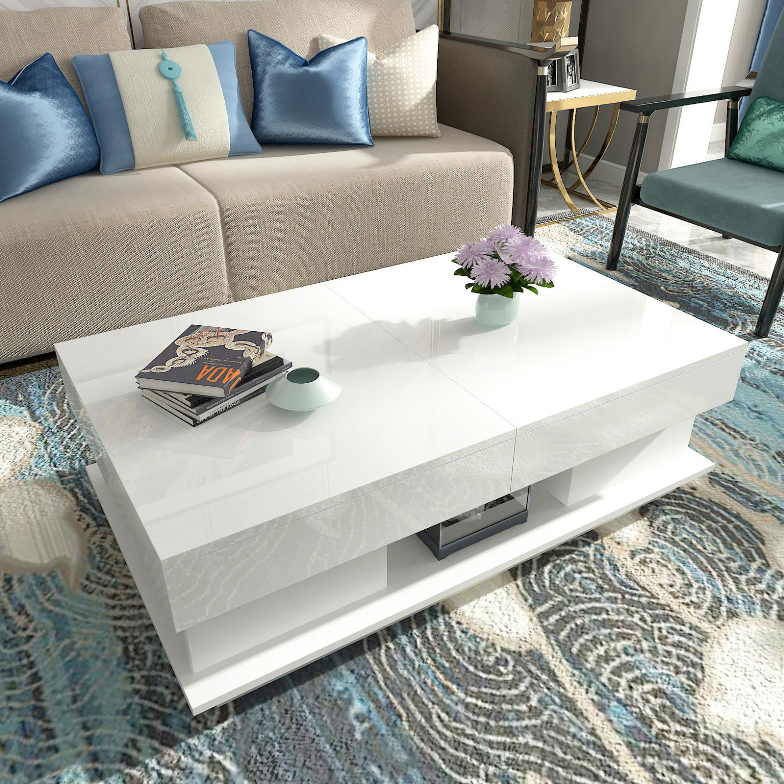 Ballshop Modern Drawers Coffee Table Storage High Gloss Slide Top with Storage Inside and 4 Drawers Living Room Furniture White