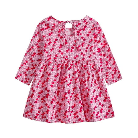 

YWDJ 6Month-3Years Girls Dresses Toddler Long Sleeve One-Piece Floral Dress Fall Kids Skirt Watermelon Red 12-18 Months