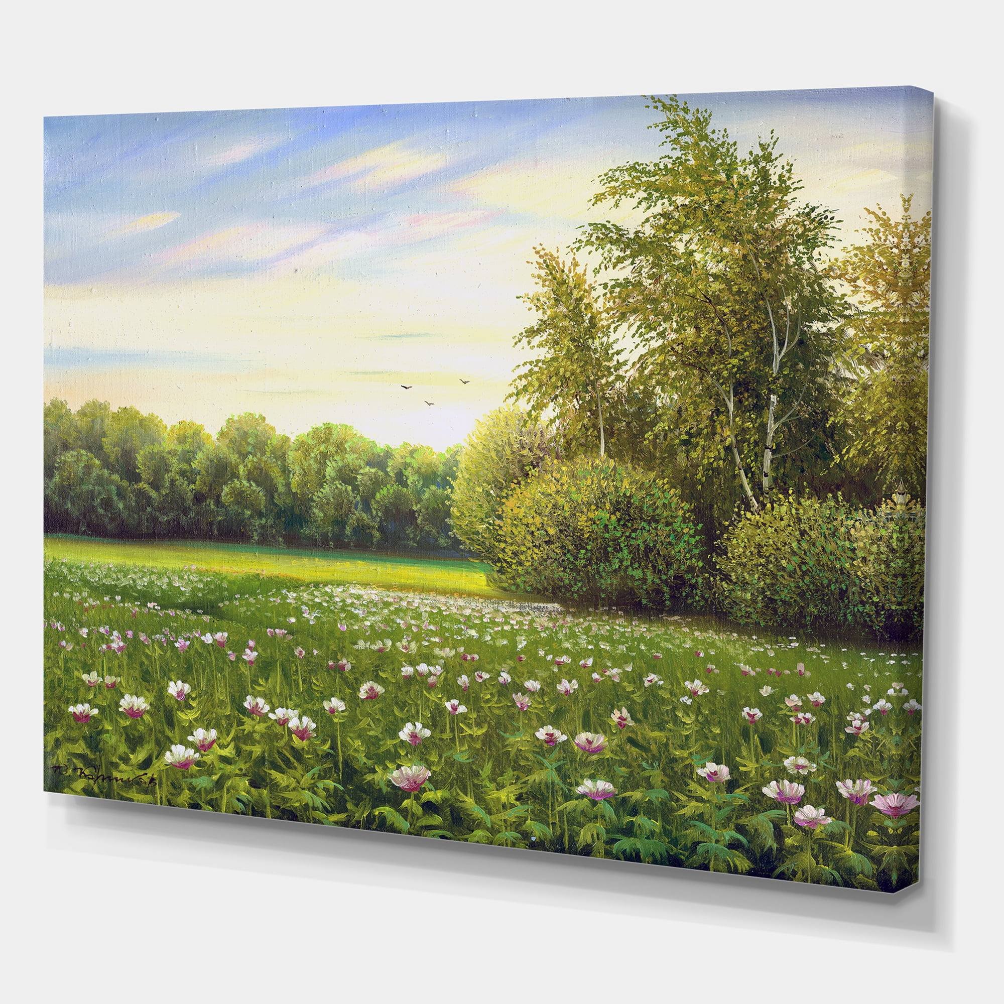 Designart ' Spring Trees By The Flowers and Meadows ' Country Canvas Wall Art Print