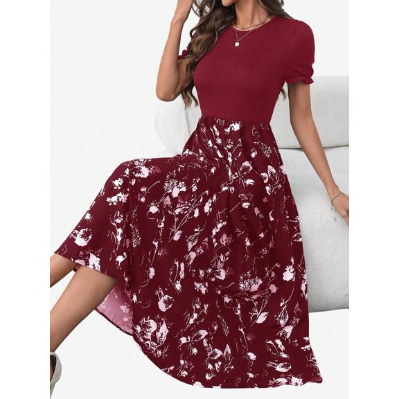 Red Summer Casual Floral Print Maxi Dress With Puffed Short Sleeves And A-Line Skirt
