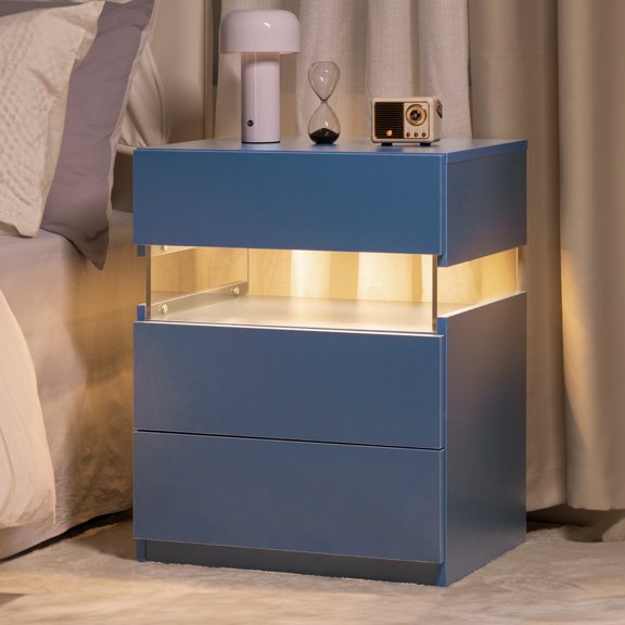 Cubehom Nightstands LED End Table with 3 Drawer Bedside Tables for Adults Bedroom Living Room Blue