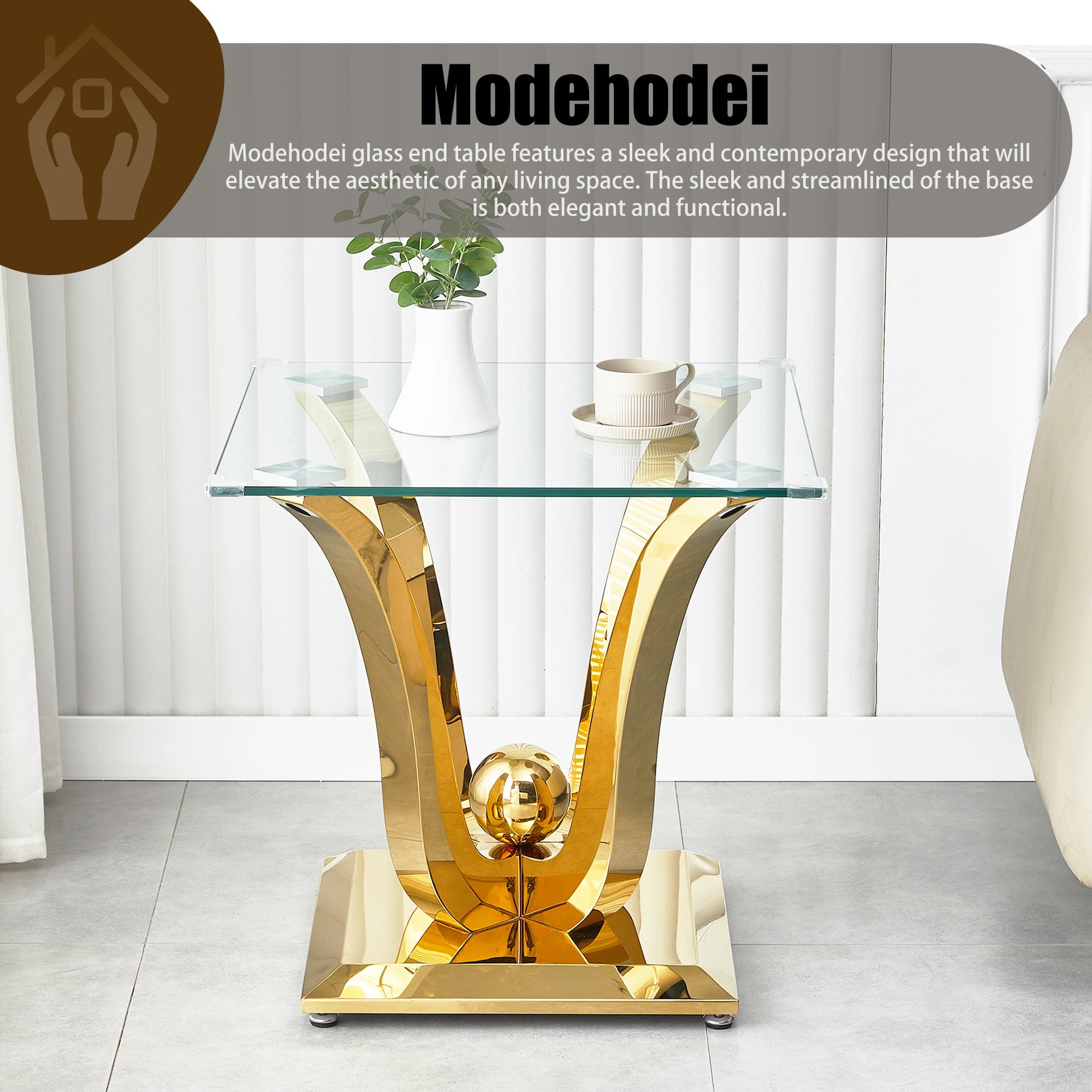 23.62" Square Glass End Table with Tempered Glass Top and Modern U-Shaped Stainless Steel Base, Perfect for Living Room and Bedroom