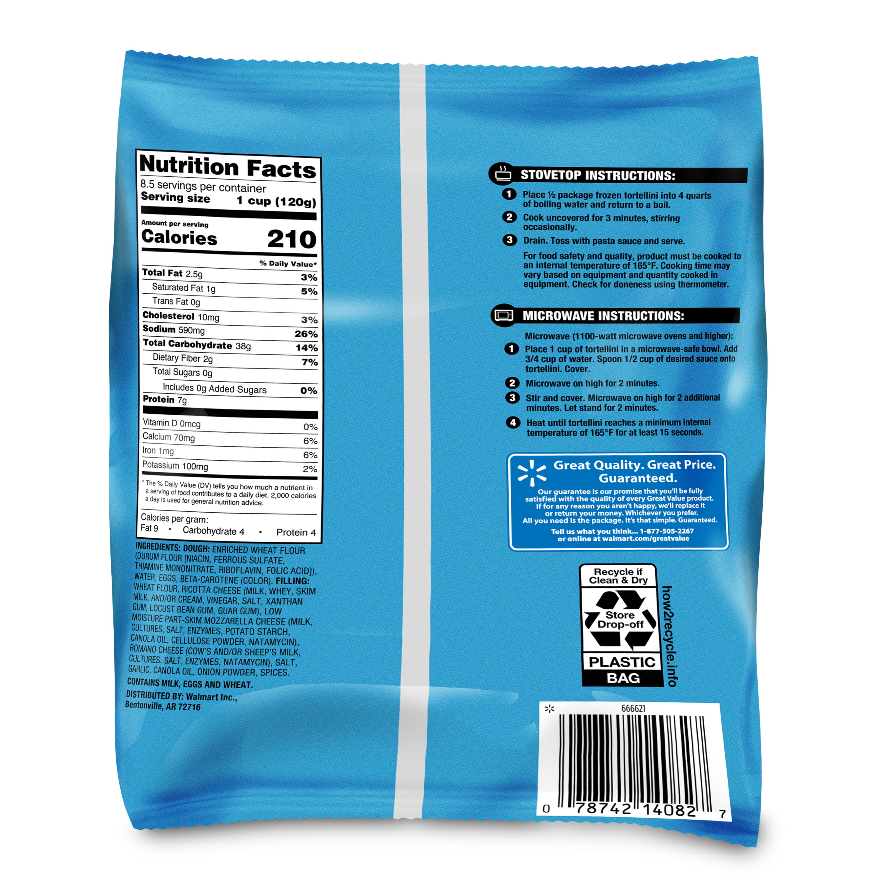 Great Value Family Size Cheese Tortellini, Pasta, 36 oz Bag (Frozen)