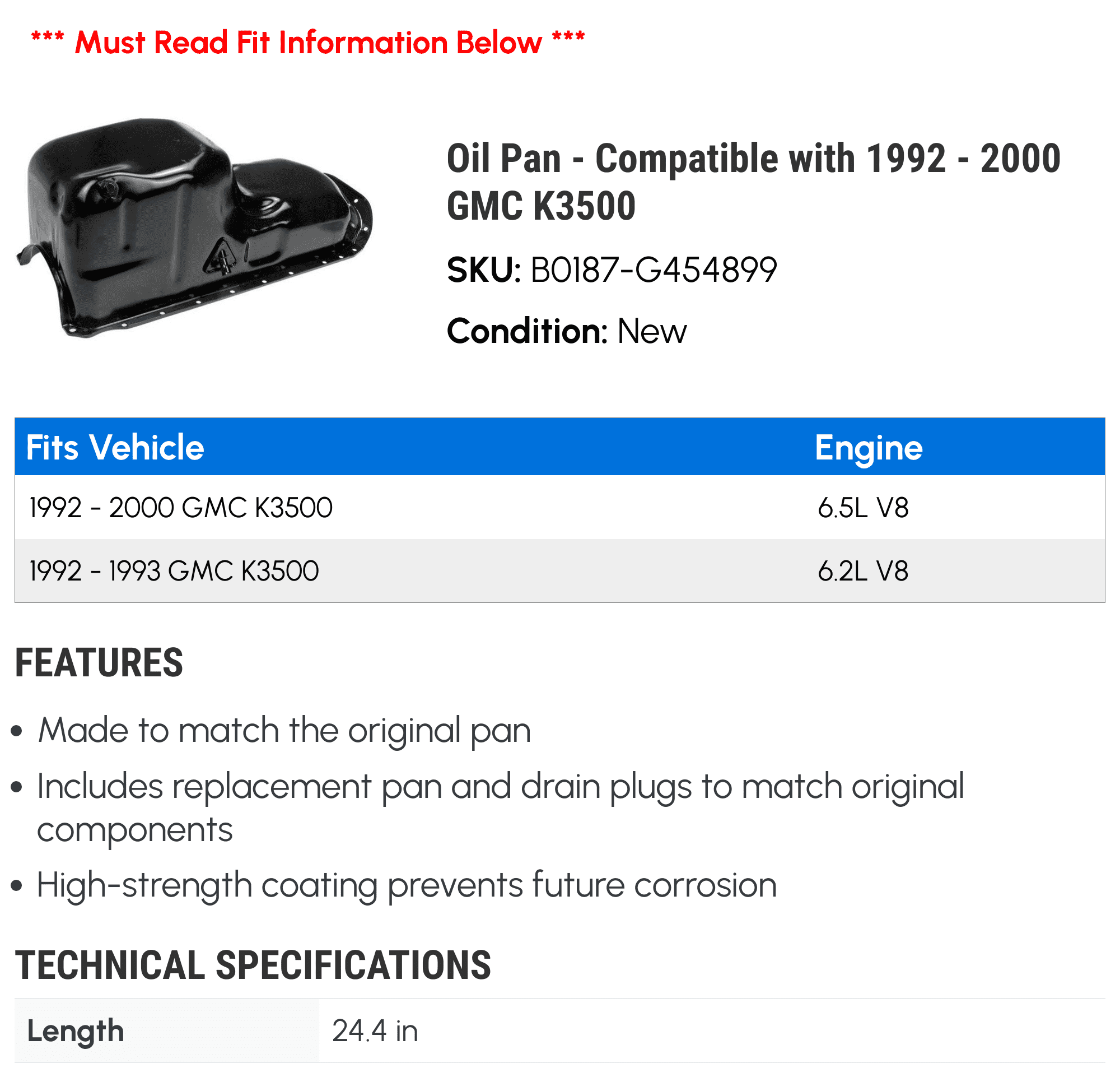 Oil Pan - Compatible with 1992 - 2000 GMC K3500 - Dorman