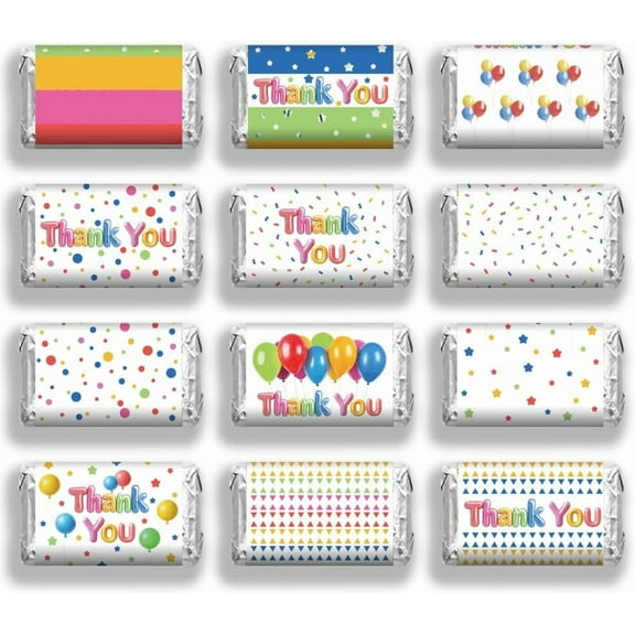 120 Pcs Modern Colorful Candy Wrappers Stars Balloons Thank You Mini Candy Bar Wrapper Chocolates Bar Label Stickers for Guests Wedding Birthday Party Favors (No Candy) 1.4x2.6inch