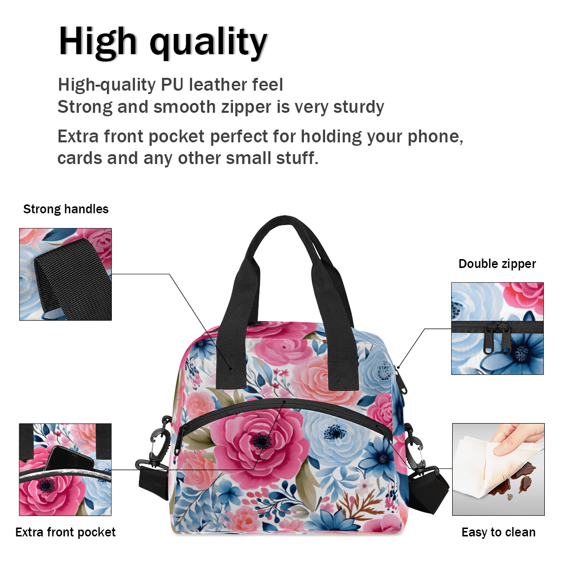 Herdesigns Pink Blue Floral Insulated Lunch Bag for Women Men Adults Large Reusable Lunch Box Leakproof Portable Cooler Tote Bags with Adjustable Shoulder Strap