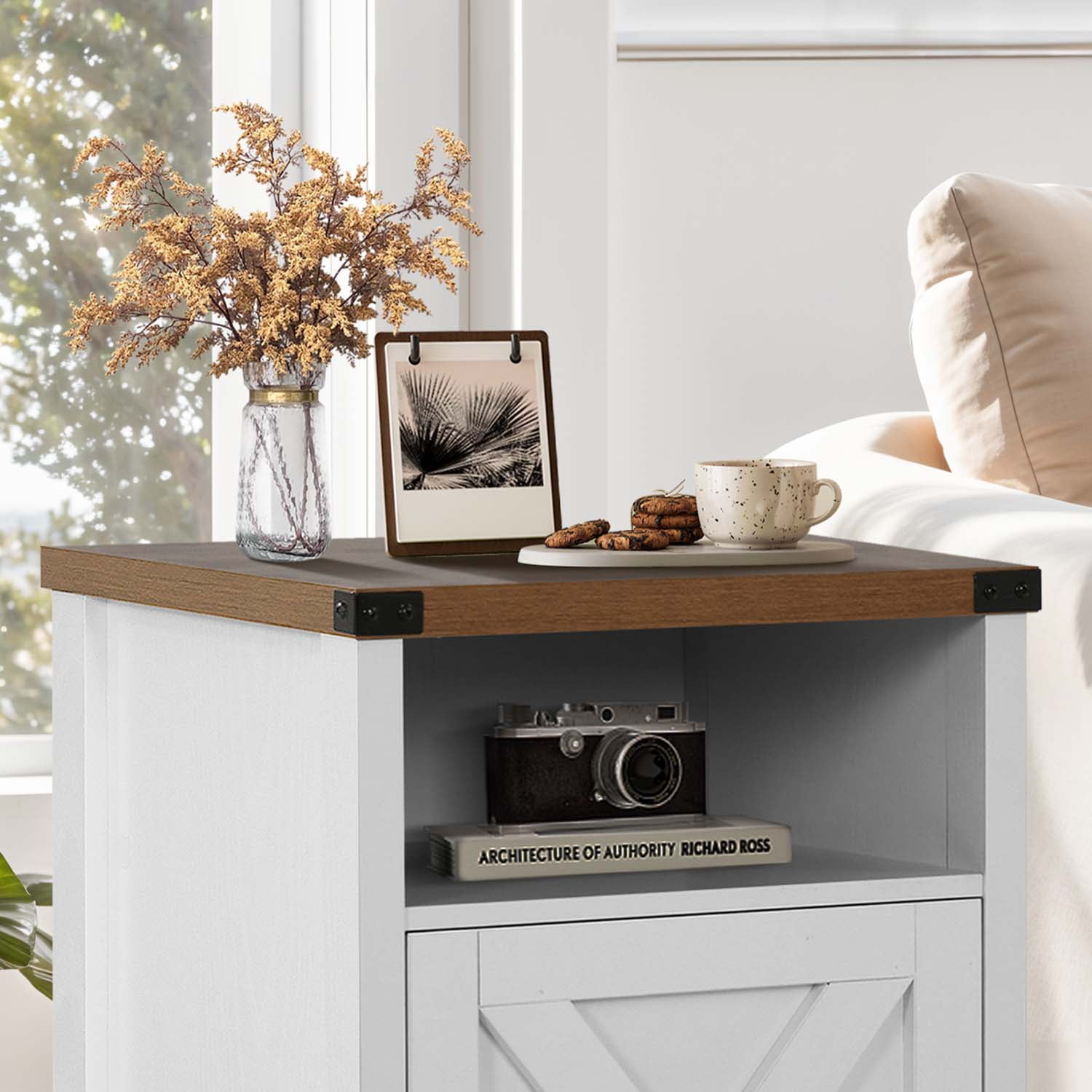 4 Ever Farmhouse End Table Set of 2, White Nightstand for Bedroom