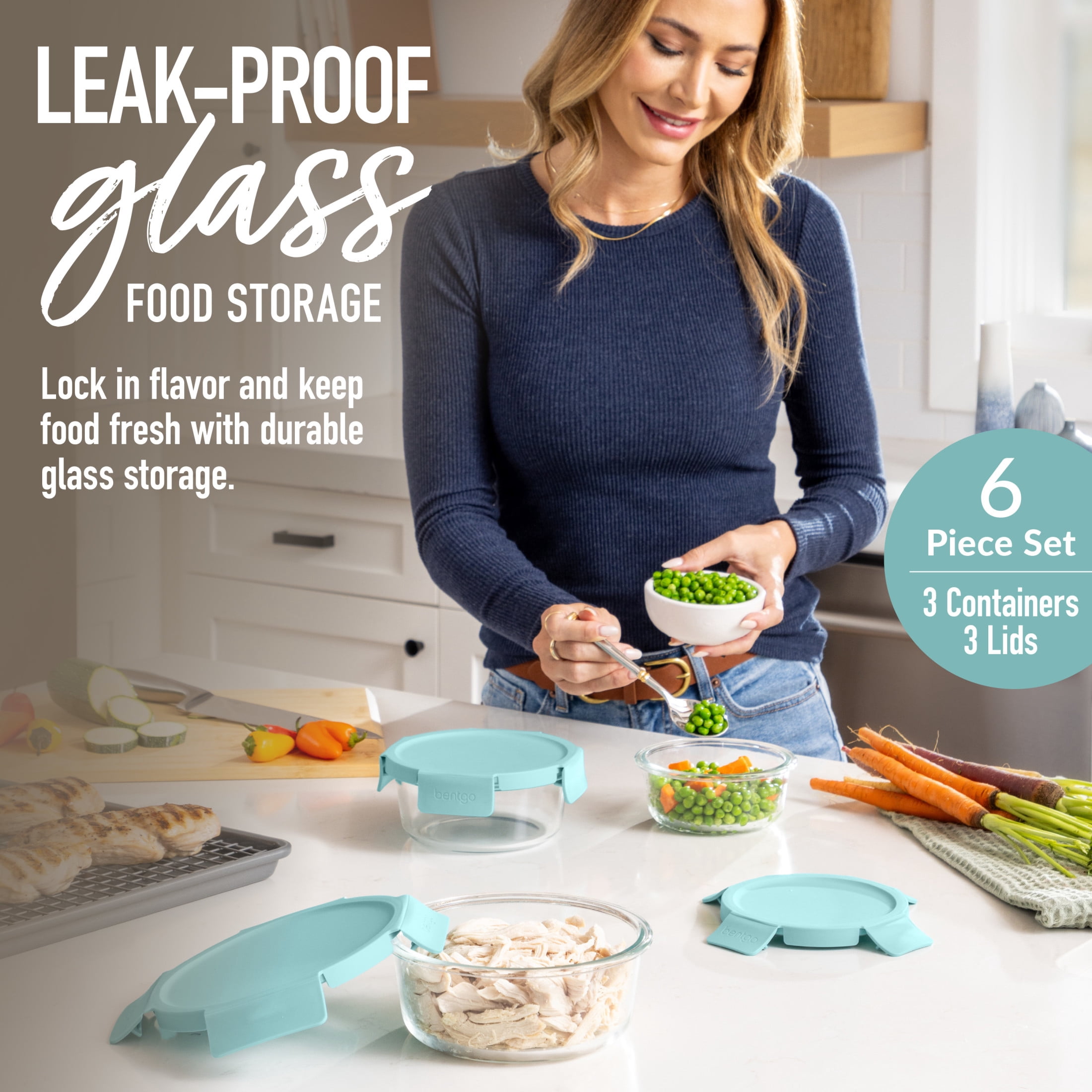 Bentgo Glass Leak-Proof Food Storage Set - 6-Piece Glass Containers with BPA-Free Airtight Lids, Reusable & Durable for Leftovers & Meal Prep - Microwave, Freezer, Oven & Dishwasher Safe (Soft Aqua)