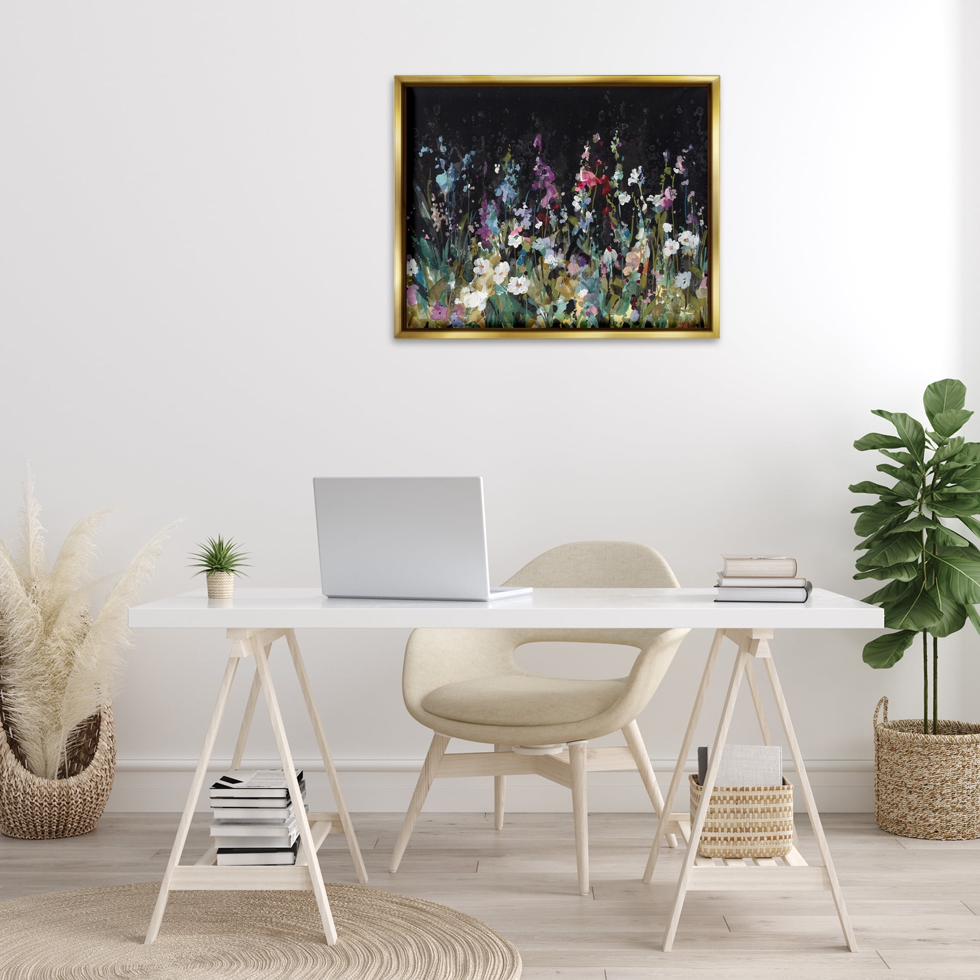 Stupell Industries Dark Garden Meadow Plants & Flowers Painting Gold Floater Framed Canvas Art Print Wall Art, 31 x 25