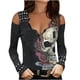 thumbnail image 4 of Camiseta de manga larga con cuello en V y hombros descubiertos para mujer, blusa con estampado de calavera y gradiente, camiseta ajustada informal para mujer, Top 2022, 4 of 4