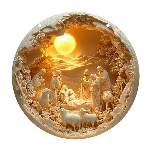 Décoration Murale Ronde en Bois de Nativité Résurrection, Décoration de Baptême à Domicile