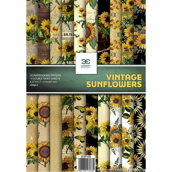 Scrapbooking Paper VINTAGE SUNFLOWERS 10 Double Sided Sheets 8.25 x 11.75, Craft Paper, Decoupage Paper, Decorative Paper, Vintage Paper