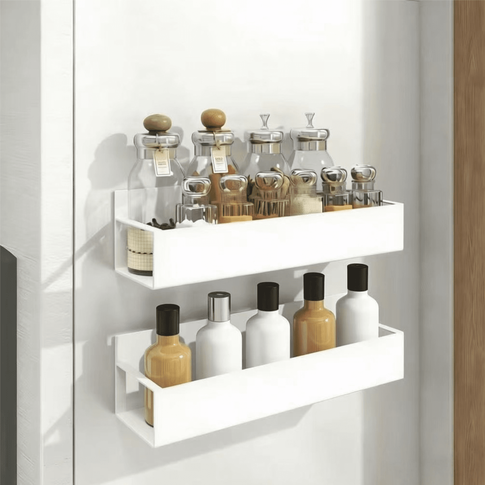 Set of 3 Magnetic Metal Rack for Refrigerator Side White, Kitchen Storage Shelf with Hooks – Holds Jars, Bottles, Cans – Space-Saving Fridge Organizer