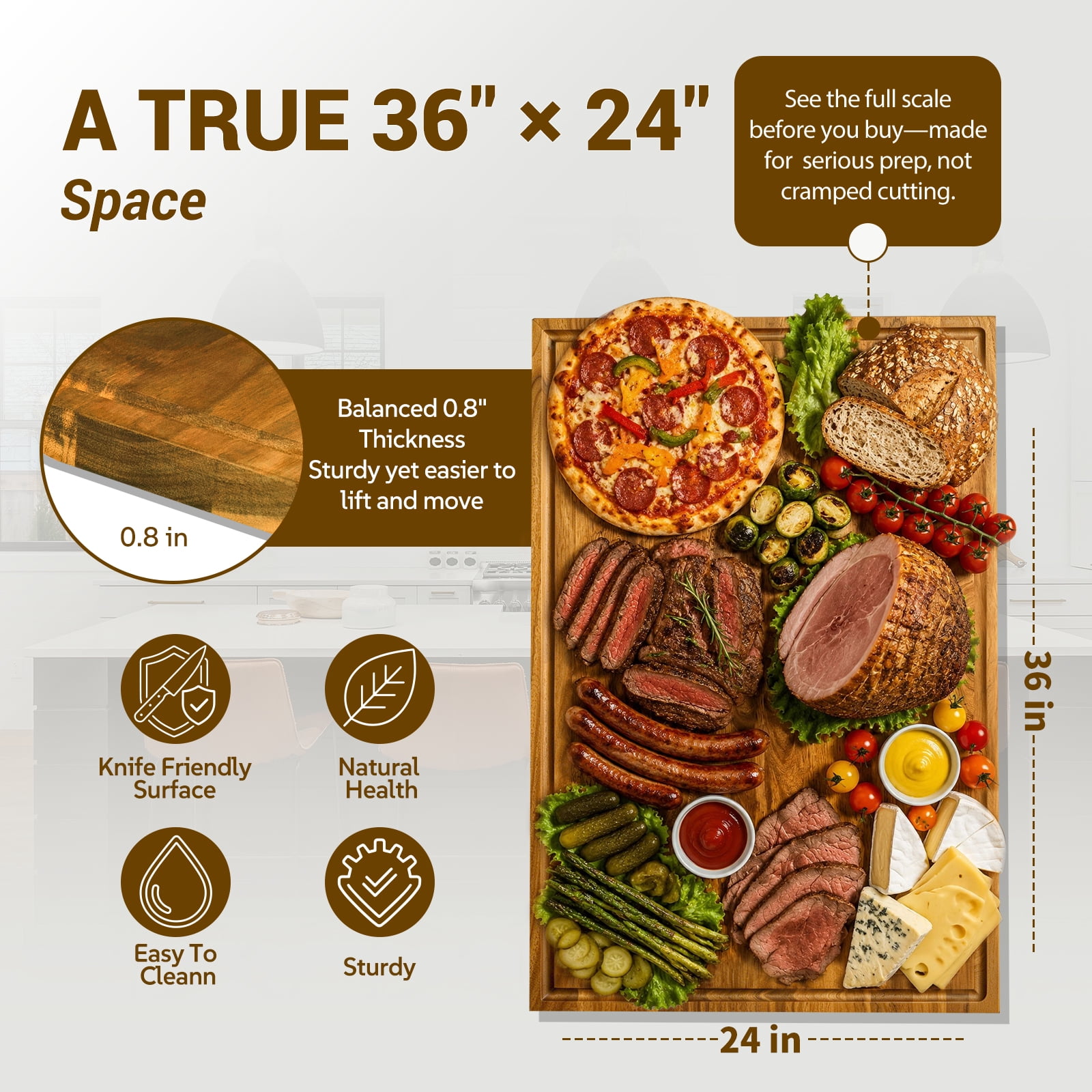 Sentsu 36x24 Extra Large Acacia Wood Cutting Boards with Juice Groove and Handles, 5XL Stove Top Cover Thick Heavy Duty Pre-Oiled