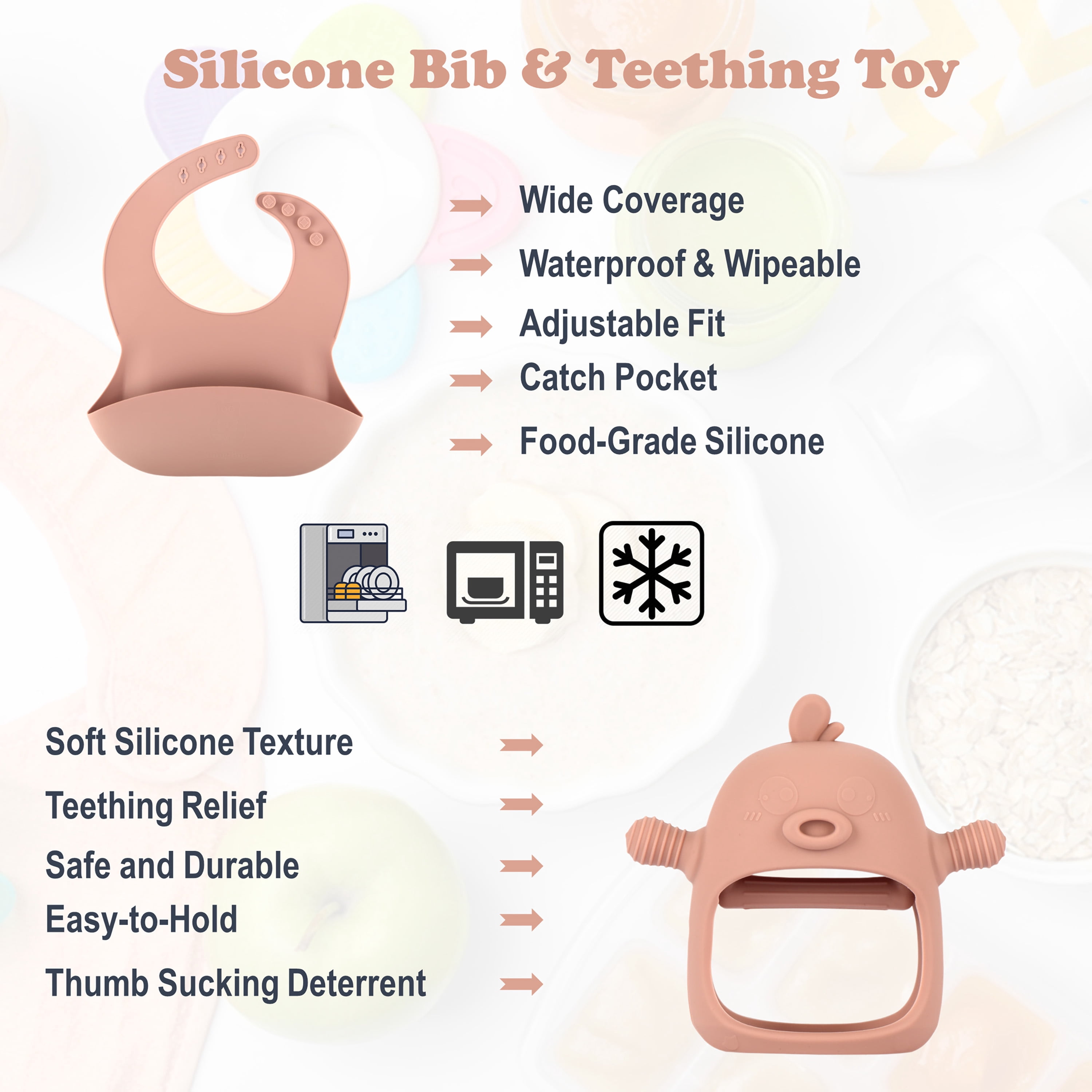 SnugBug 12-Piece Silicone Baby Bib Set with Sippy Cup, Plates, Bowl and Teething Toy